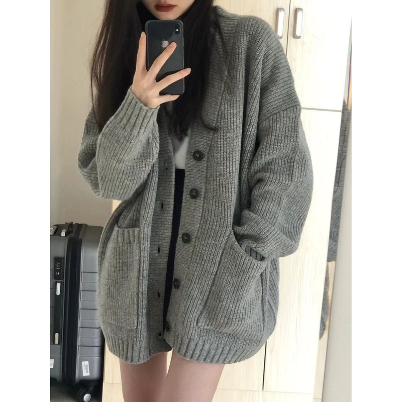 外搭灰色秋冬穿搭慵懒中长款毛衣复古外套女春秋针织开衫奶系外穿|undefined