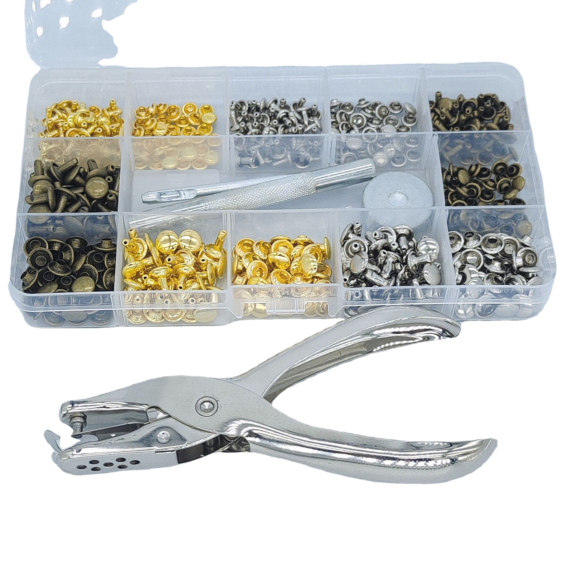 240 sets de remaches metálicos de doble cara 3 colores 2 tamaños con puncher + herramientas de instalación en caja