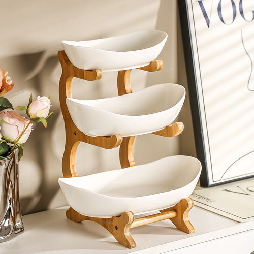 Creative three-layer multi-layer fruit plate, European-style ceramic dry fruit plate, bamboo and wood stand, household snack plate, candy tray, fruit basket