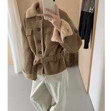 真毛全羊毛复古韩系皮草麂皮绒皮毛一体羊羔毛收腰明星款外套2025