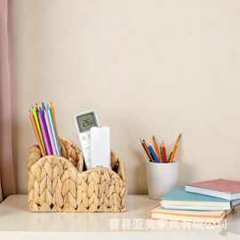 跨境水葫芦草编收纳篮客厅遥控器杂物整理篮文具签字笔筒草编筐