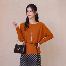 设计感气质优雅丝光羊毛针织衫女 早秋新款纯色长袖百搭上衣T恤