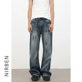 nirben牛仔|新款微喇牛仔裤男宽松潮牌涂鸦喷绘美式高街百搭长裤