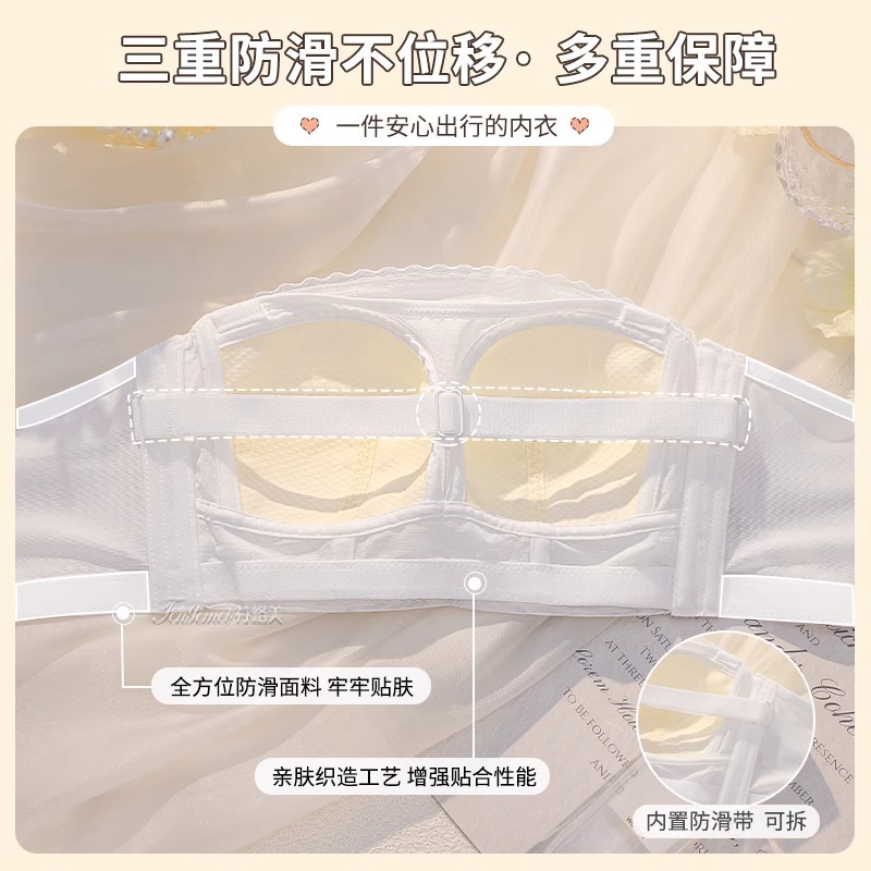无肩带内衣女防滑大胸显小防下垂全罩杯大码隐形抹胸美背薄款文胸|undefined