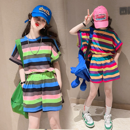 Fashionable sportswear set for girls, trendy  new children's summer colorful striped short-sleeve two-piece set