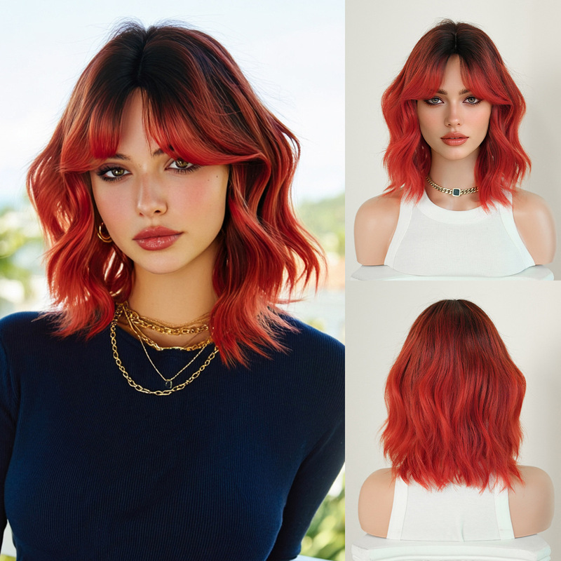 High-Quality 14-Inch European and American Style Bob Wig, Red Short Wavy Hair with Bangs, Synthetic High-Temperature Fiber Short Hair High-Quality 14-Inch European and American Style Bob Wig, Red Short Wavy Hair with Bangs, Synthetic High-Temperature Fiber Short Hair