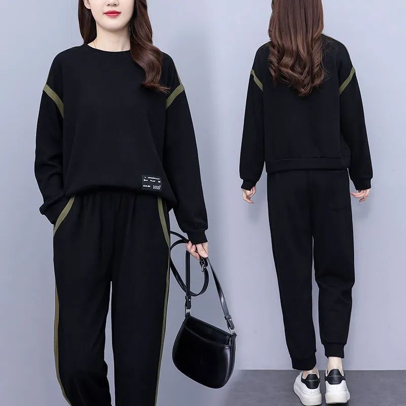 Plus Size Casual Sports Suit for Women 2025 New Women's Autum Fashion Loose and Stylish Contrasting Color Age-Reducing Two-Piece Set