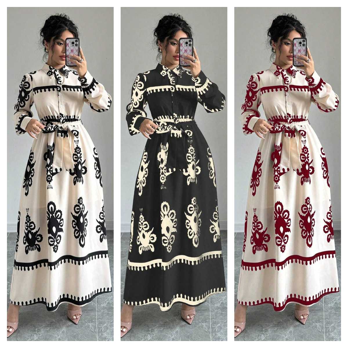 Real Shot In Stock 2025 New Autumn Winter Foreign Trade Cross-Border European And American Printed Lace-Up Shirt Sleeve_voghion.com