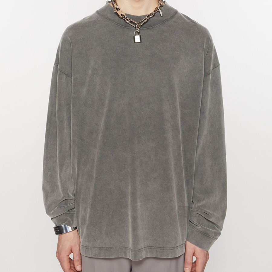 AC lavado y desgastado manga larga calle alta retro color sólido simple suelta casual todo fósforo cuello redondo camisa de fondo camiseta hombres y mujeres