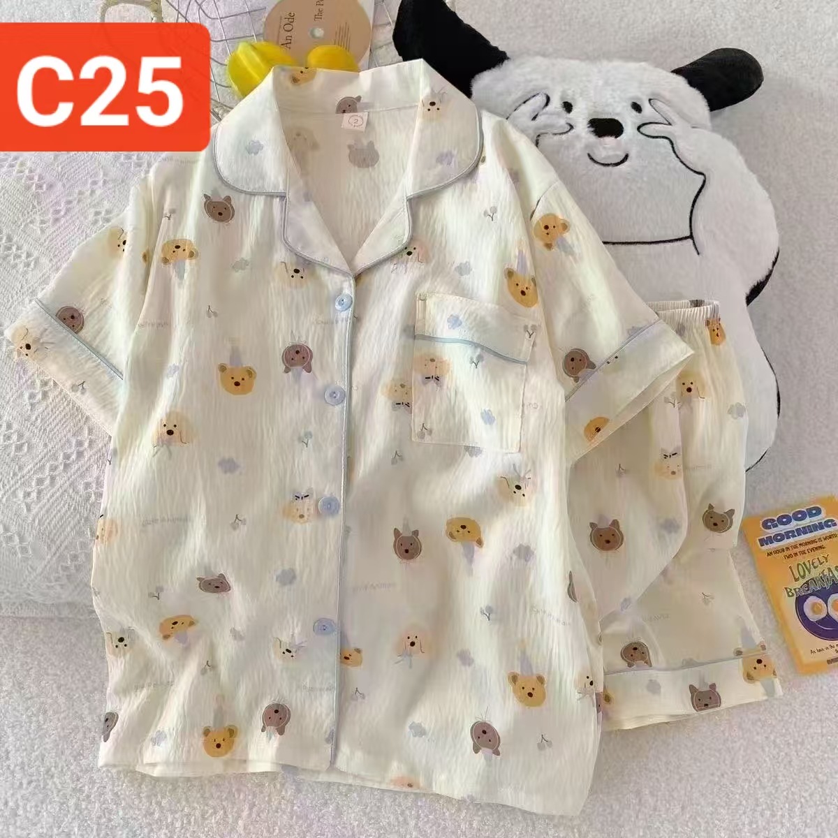 Al por mayor transfronterizo pantalones cortos de manga corta nubes pijamas de algodón de dibujos animados lindos cardigan con solapa primavera y otoño set de ropa para el hogar