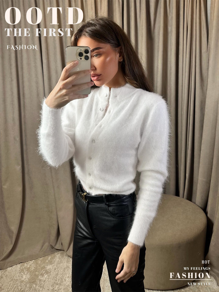 Áo khoác cardigan len nữ dáng ôm cổ tròn tay dài một hàng cúc chất liệu lông mềm mại — Màu hồng, Màu trắng, Màu xám nhạt, Xanh đậm chi tiết 1