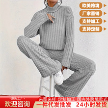 欧美跨境女装秋冬女士长衣长裤套装保暖舒适简约休闲家居服套装