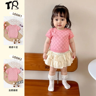 New Ice Cool Silk Hollow Love Girl's Knitted Sweater Short-sleeved Children's Breathable Top Round Neck Thin Outer Wear Casual
