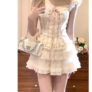 純欲芭蕾公主風套裝女夏季甜美蕾絲拼接碎花襯衫蓬蓬蛋糕半身裙