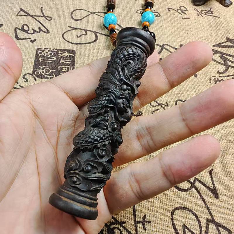 沉香木雕刻盘龙柱手把浮龙柱子创意文玩手把件车内挂件木质工艺品|undefined