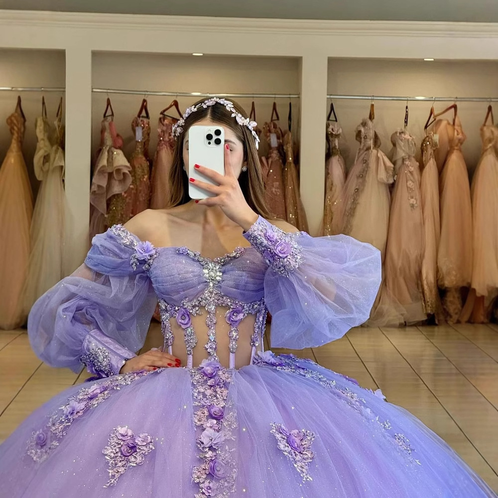 Flores vestido de adulto con mangas brillante con cuentas vestido dulce 2026 nuevo vestido de baile de hombro para mujeres image 3