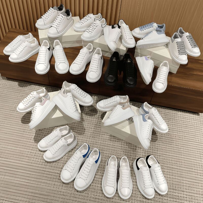 Directly Supplied from the Manufacturer, Pure Original Mcqueen White Sneakers with Top-Layer Cowhide, Thick-Soled Height-Increasing Casual Shoes for Men and Women, Platform Shoes, Couple Shoes