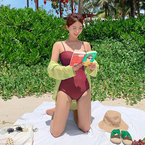 Women's Green and Black Sexy Large Cup Hot Spring Swimwear, Korean Version, New Sexy One-piece Backless Hot Spring Suit