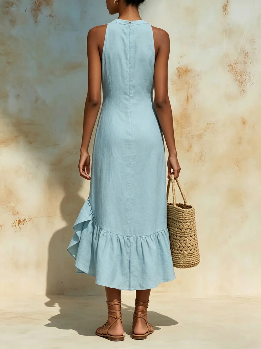 Women's Clothing Summer Women's Elegant Sleeveless Round Neck Ruffle Hem Dress Fashion Style For Formal & Casual For Women_ecoleips.com