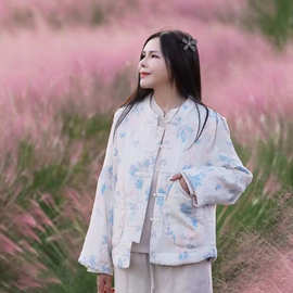 2025冬季新款新中式国风重工刺绣立领盘扣苎麻棉马甲背心棉衣女