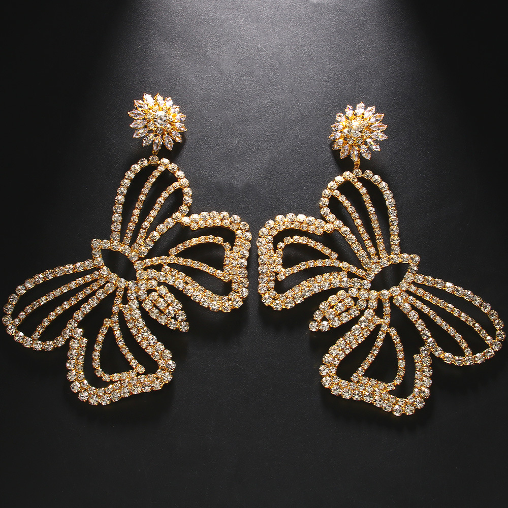 1 Pair Exaggerated Butterfly Plating Hollow Out Inlay Copper Rhinestones Drop Earrings display picture 4