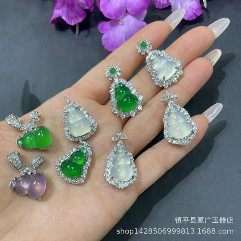 Live Supply of High Ice Green Chalcedony Silver Inlaid Gourd Style Pendant High Ice White Chalcedony Gourd Necklace Wholesale
