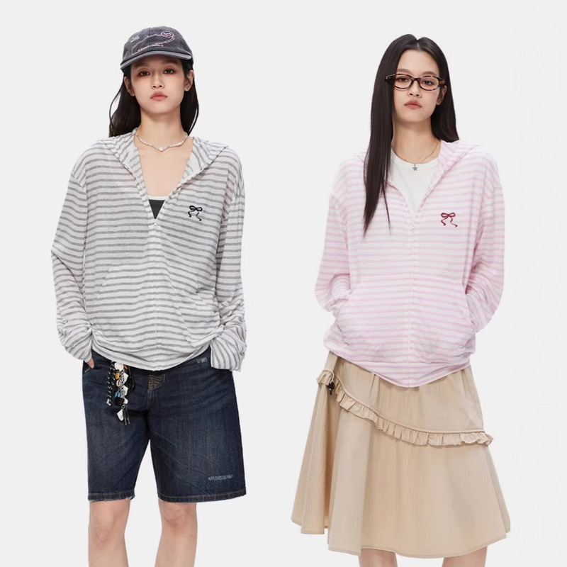 Long-Sleeved Hooded Cardigan Jacket for Women, Spring Thin Top, Air-Conditioning Shirt, Cool Striped Sun Protection Cover-Up