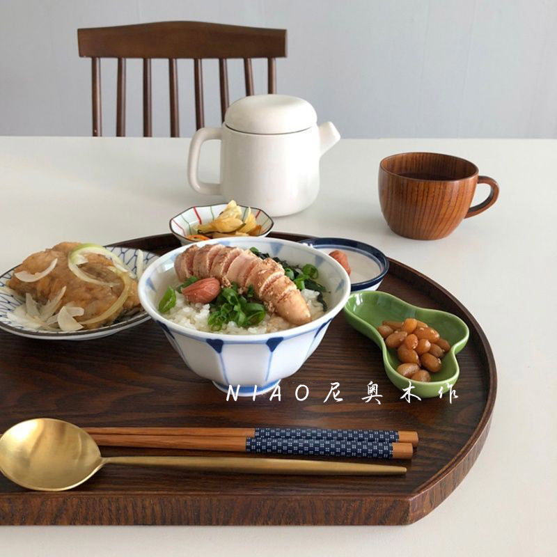 木质日式托盘家用ins餐具套装一人食不规则圆形早餐盘|undefined
