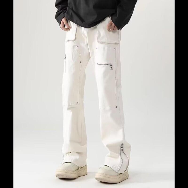 American High Street Niche White Jeans with Rivet Design, Versatile Straight-Leg Unisex Bf Trendy Brand Floor-Length Pants American High Street Niche White Jeans with Rivet Design, Versatile Straight-Leg Unisex Bf Trendy Brand Floor-Length Pants
