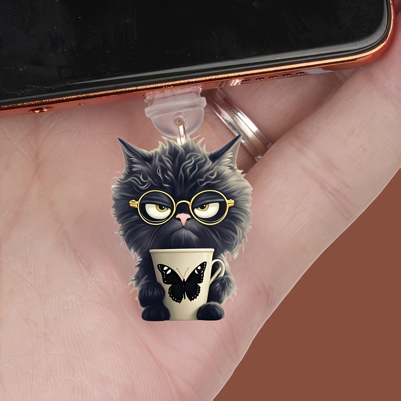 Nuevo acrílico transfronterizo plano para taza de menú gatito teléfono móvil polvo tapón colgante decoración