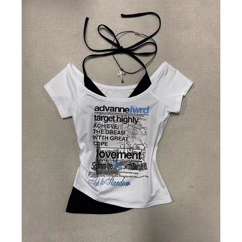 スイートガールホルターネック半袖Tシャツ女性用2025夏新デザイン偽ツーピースショートニッチスリムトップ|undefined