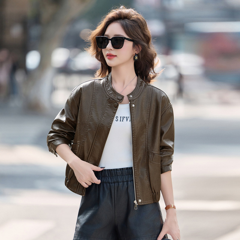Women's Leather Jacket 2025 Autumn New Style Stand Collar Loose Casual Slimming Biker Washed Leather Jacket Zh2603