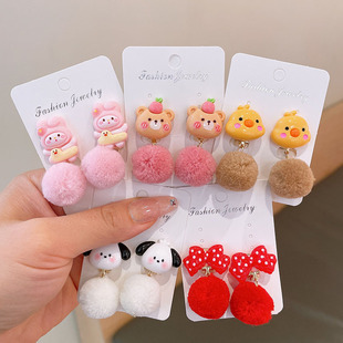New children's cartoon fur ball earrings Korean Children's cute little girl earrings girls baby earless earrings