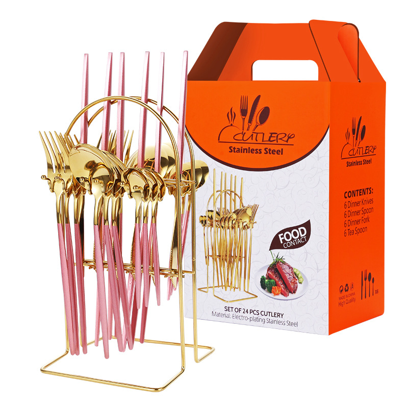 Transfronterizo Amazon Portugal comida occidental cuatro principales vajilla de acero inoxidable 24 piezas vajilla rack caja de regalo rack traje