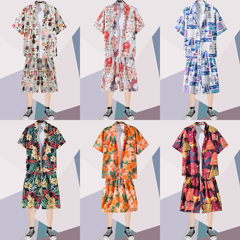 Casual printed shirt men's summer beach shorts short sleeve two-piece suit Hawaii trendy handsome holiday clothes