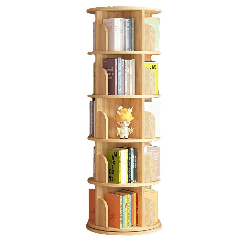 Estantería giratoria de madera maciza de 360 grados estantería simple sala de estar de almacenamiento de ahorro de espacio rack hogar niños piso imagen libro rack