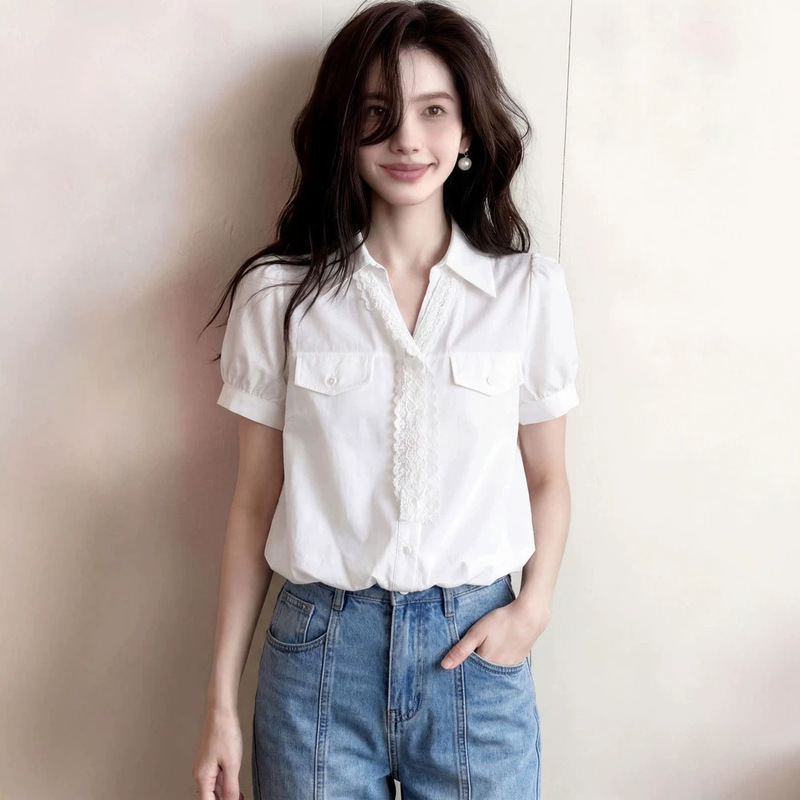 Unique and Stylish, Super Nice-Looking College-Style Lace Tie Short-Sleeved Shirt for Women, Summer Thin Outer Wear Loose Top Unique and Stylish, Super Nice-Looking College-Style Lace Tie Short-Sleeved Shirt for Women, Summer Thin Outer Wear Loose Top