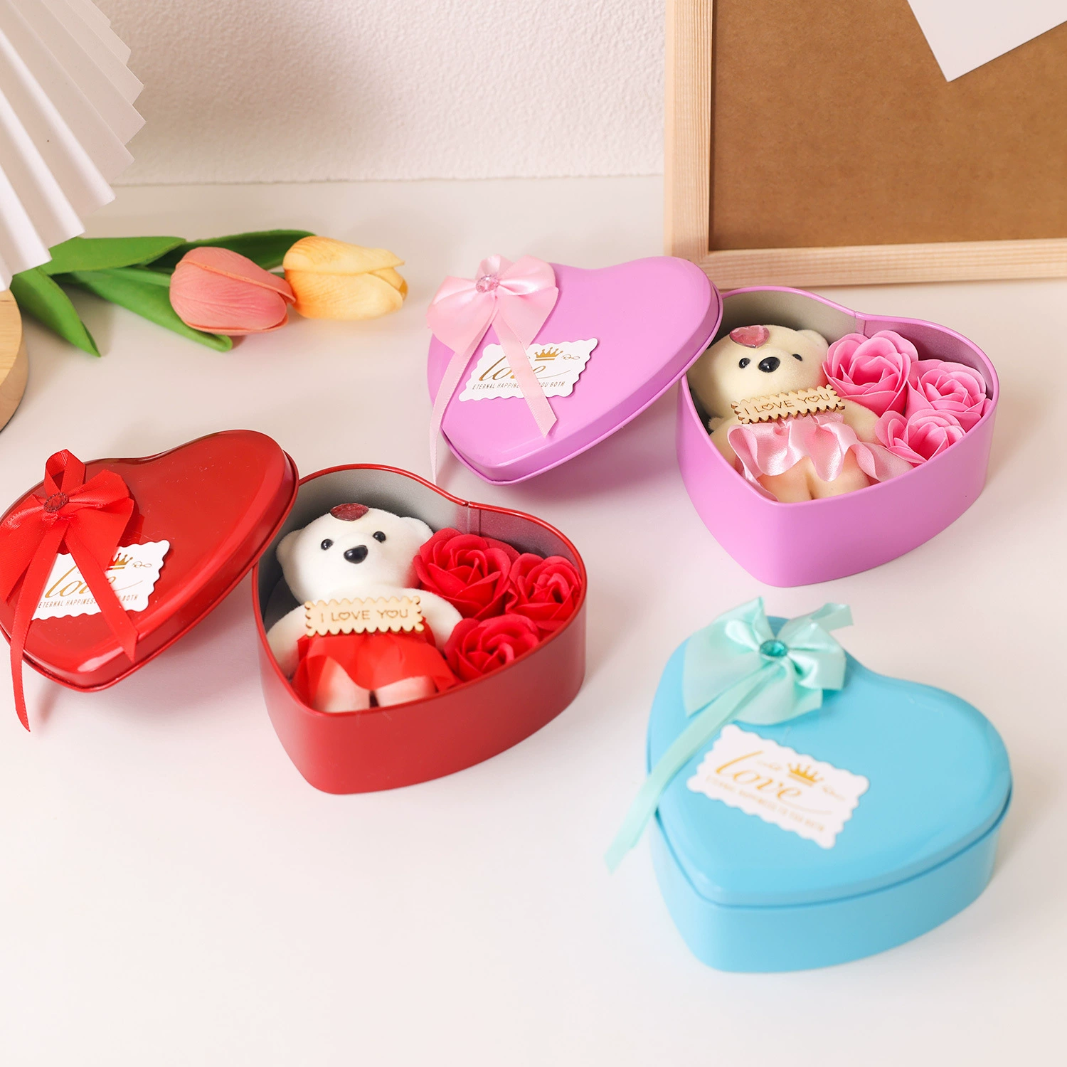 Tin box, soap for St. Valentine's Day contains rose, Birthday gift