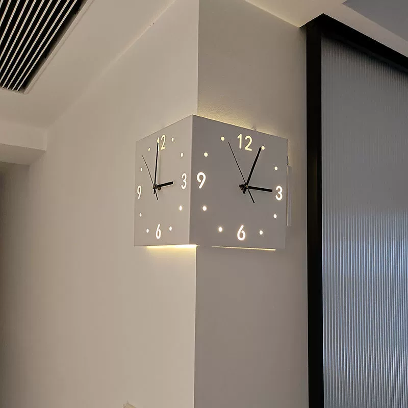 Corner Double-Sided Wall Clock, Two-Face Silent Design, LED Induction Options, Multi-Color
