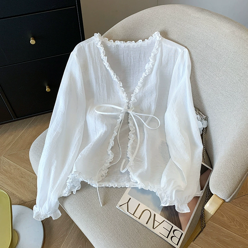 Реальный снимок супермодной солнцезащитной рубашки, новинка лета 2025 года, рубашка с кондиционированным воздухом, французский ретро-стиль, рубашка с завязками на ушках