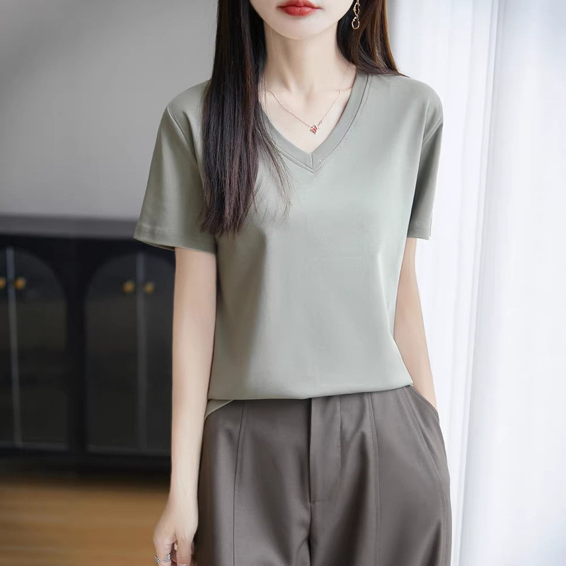 2026 Summer New Style Mercerized Cotton Pure Cotton Short-Sleeved T-Shirt Women's V-Neck Bottoming Shirt Loose Casual Cotton Right-Shoulder Top