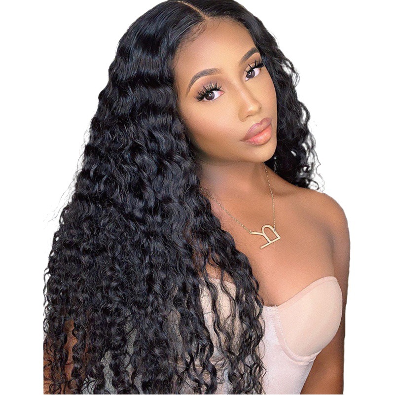 Foreign trade cross-border European and American black mid-length long curly hair African explosion head wig chemical fiber high temperature silk head cover AliExpress