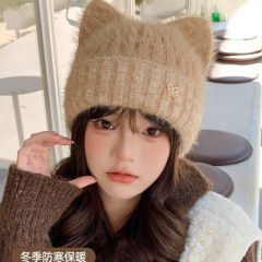 可爱毛线帽子女秋冬超萌韩版猫耳朵女生针织套头帽保暖毛绒帽冷帽
