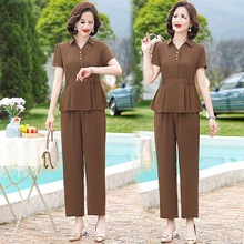 妈妈夏装新款洋气上衣时尚减龄套装中老年女短袖雪纺两件套装