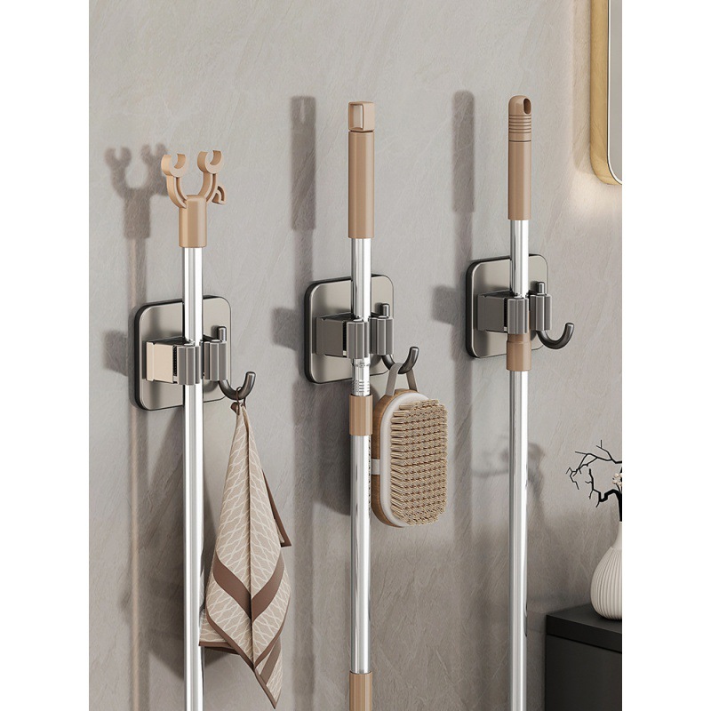 Free punch 304 Stainless steel Mop rack Wall hanging Broom Hooks Storage Shelf