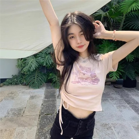 Chic Shoulder Sweet Spice Girl Cat Short-sleeved T-shirt Women's Summer Design Sense Niche Slim-fit Short Drawstring Top Ins