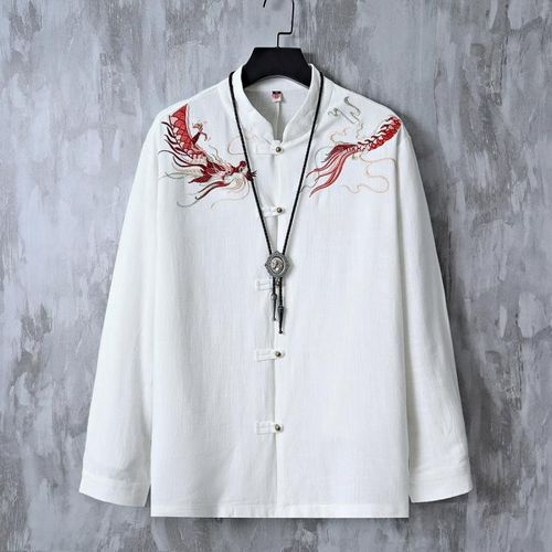 Chinese-style Men's Straight Collar T-shirt, V-neck, Five-finger Sleeve, Loose Large Size Top with Dragon Pattern Embroidery, Cotton-Linen Modern Hanfu Adaptation