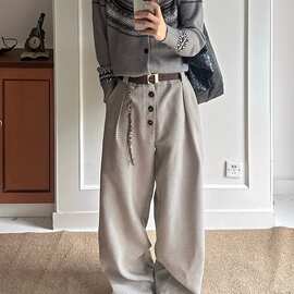 千鸟格复合打褶排扣a字阔腿西裤男老钱风cleanfit通勤百搭休闲裤