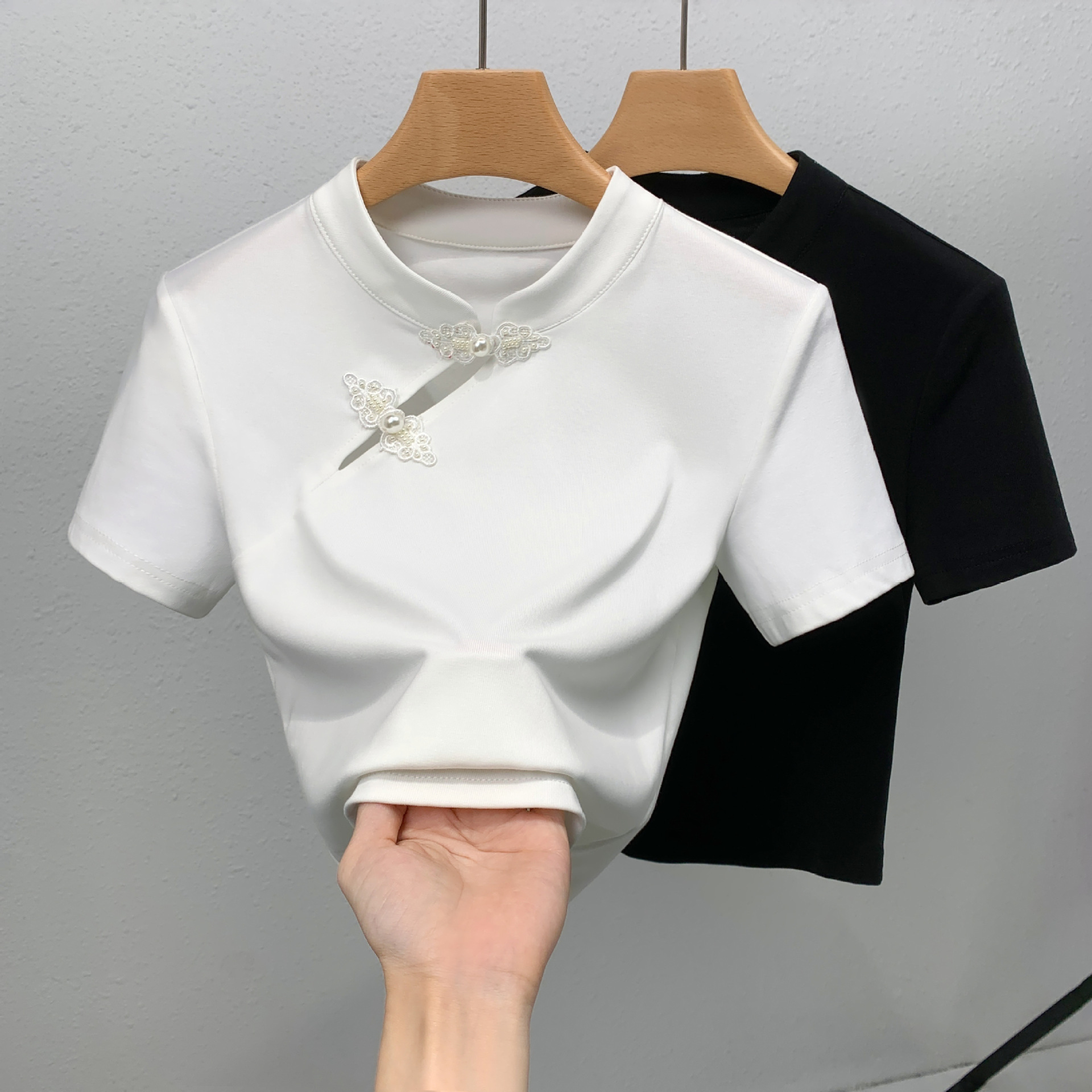2025 camiseta de manga corta de mujer nueva ropa de mujer verano retro cuello de algodón sólido camiseta de abrazadera de estilo antiguo collar image 6