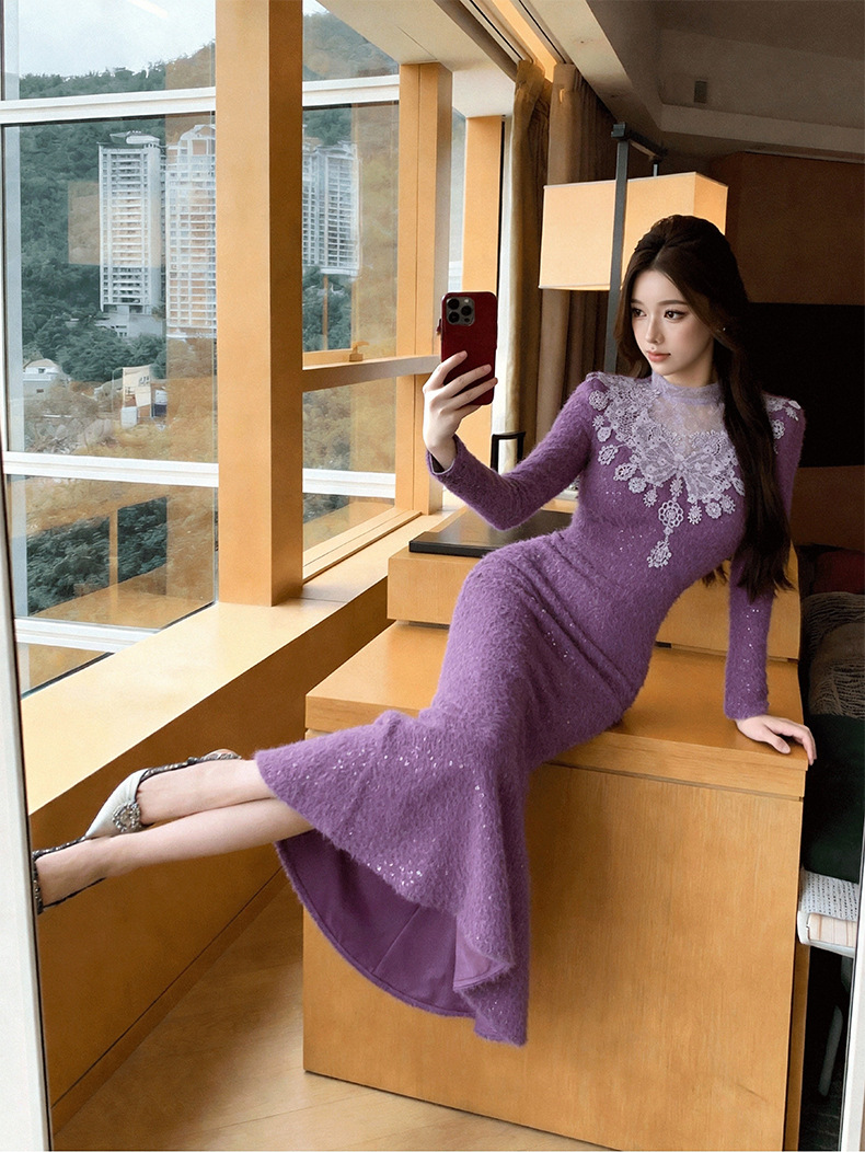 Đầm ôm body nữ cổ tròn ren chắp vá eo thon dáng dài — màu tím chi tiết 9
